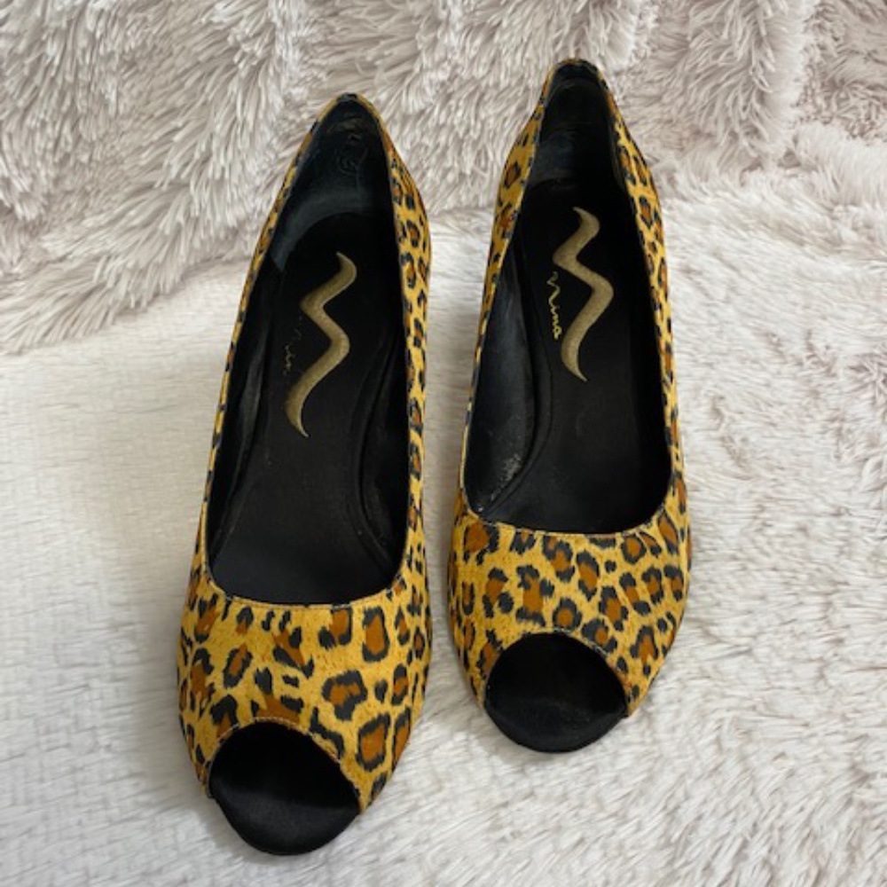 Nina Leopard Peep Toe Pumps